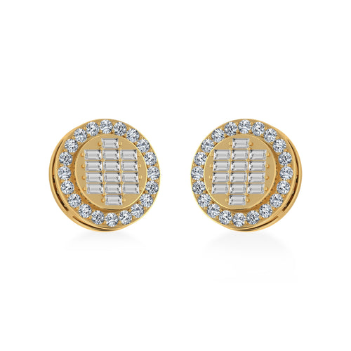14K Yellow Gold Round Baguette Diamond Halo Stud Earrings 5/8 Ctw