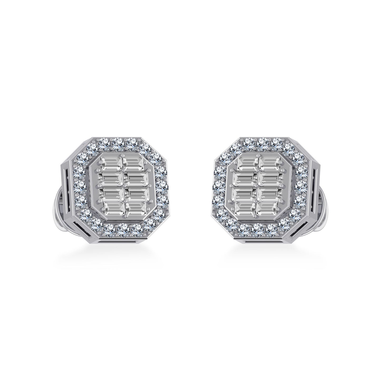 14K White Gold Round Baguette Diamond Stud Earrings 1/4 Ctw