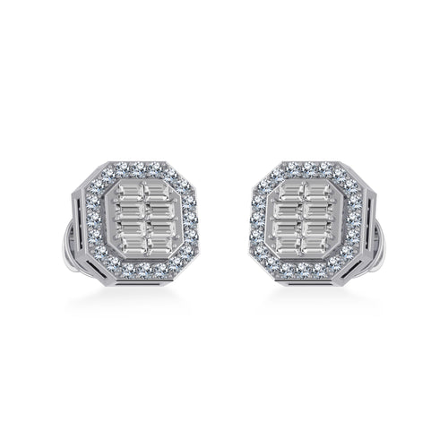 14K White Gold Round Baguette Diamond Stud Earrings 1/4 Ctw