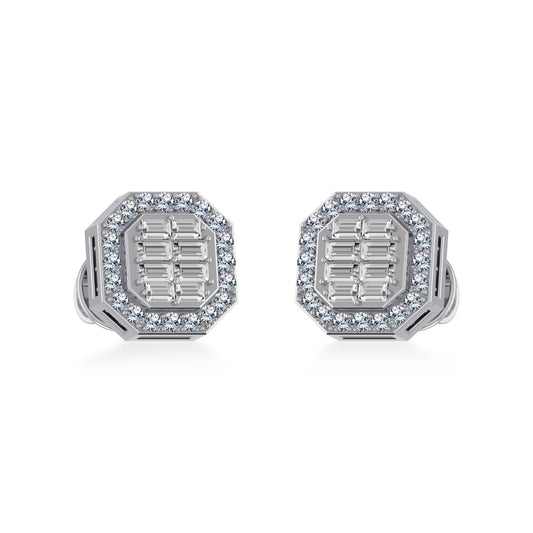 14K White Gold Round Baguette Diamond Stud Earrings 1/4 Ctw