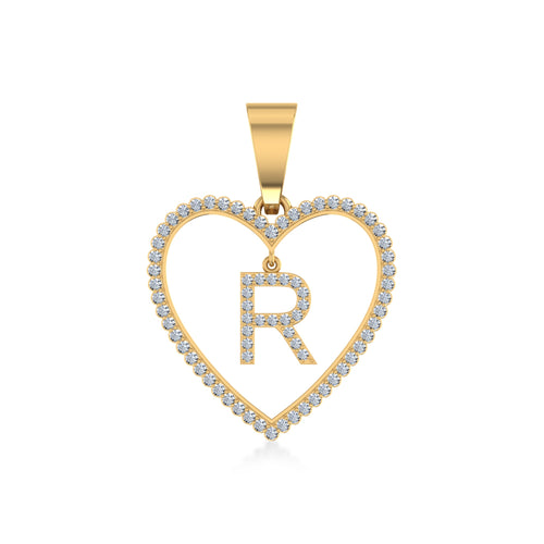 10K Yellow Gold Diamond Initial Heart R Letter Pendant 1/4 Ctw