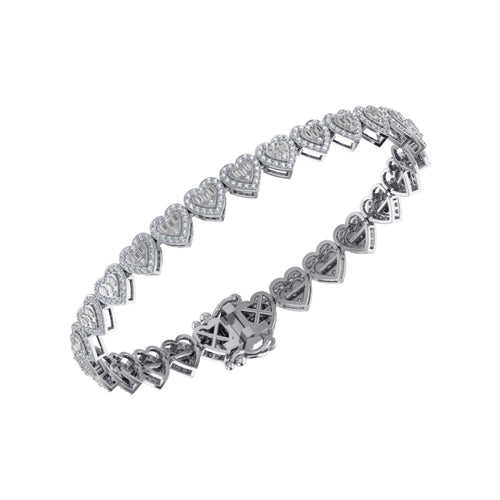 10K White Gold Round Baguette Diamond Heart Designer 7 Inch Bracelet 2-1/6 Ctw