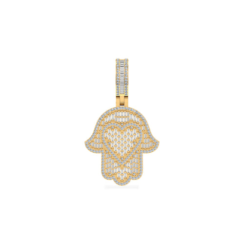 10K Yellow Gold Round Baguette Diamond Heart Hamza Hand Religious Charm Pendant 1-3/4 Ctw
