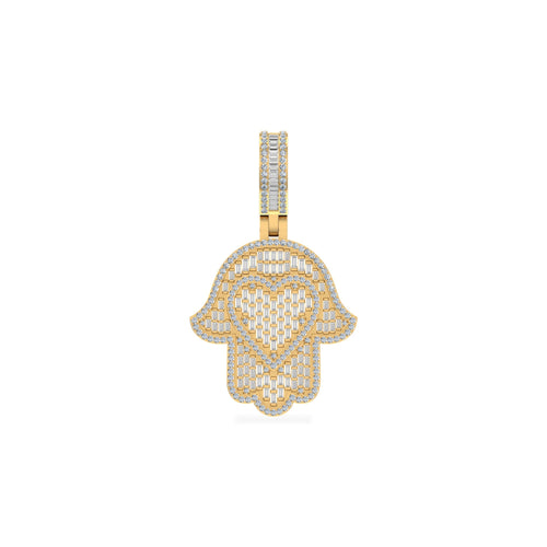 10K Yellow Gold Round Baguette Diamond Heart Hamza Hand Religious Charm Pendant 1-3/4 Ctw