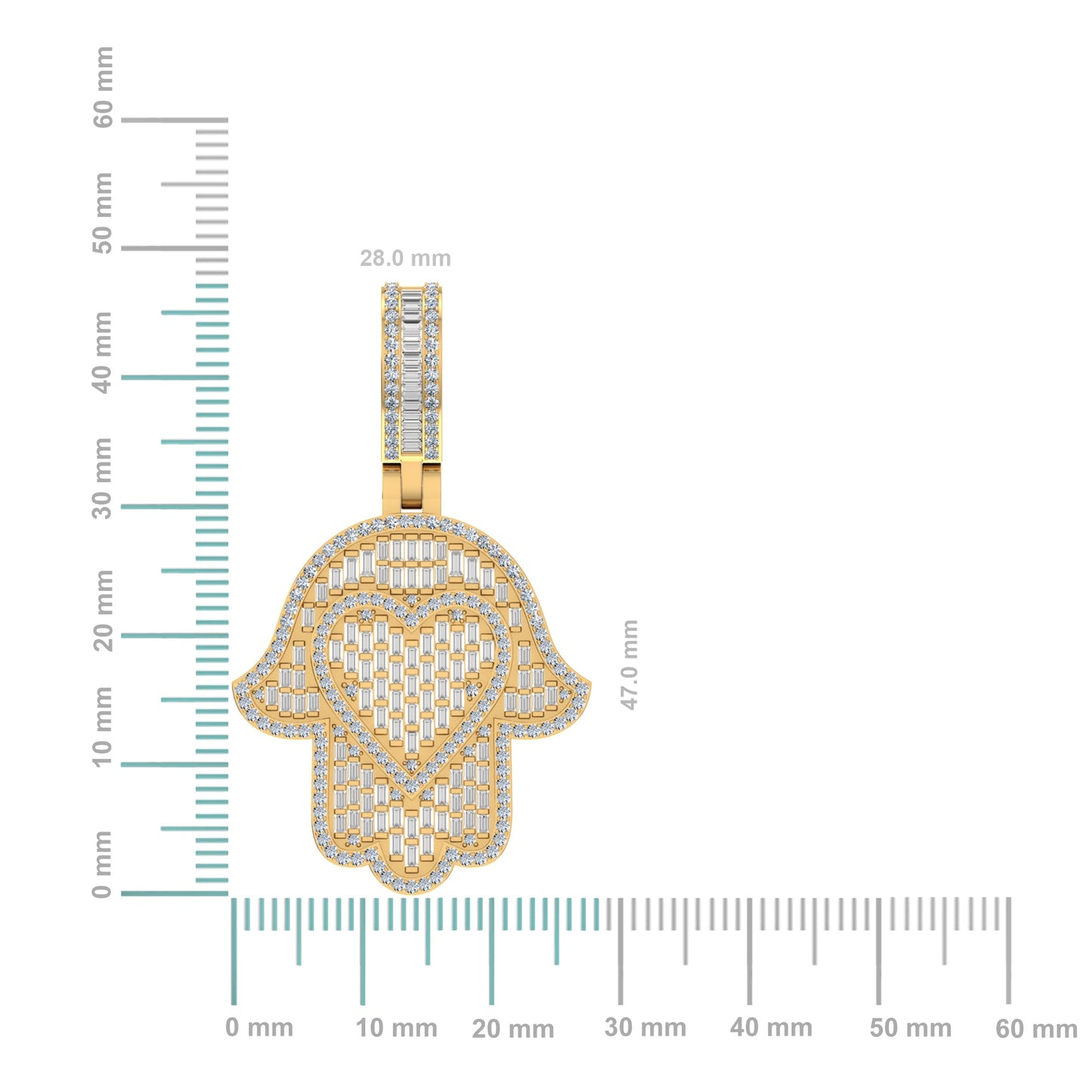 10K Yellow Gold Round Baguette Diamond Heart Hamza Hand Religious Charm Pendant 1-3/4 Ctw