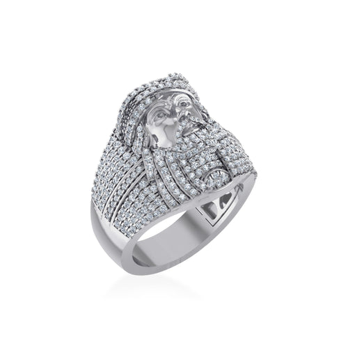 10K White Gold Round Diamond 3D Jesus Religious Size 10 Mens Ring 1-3/4 Ctw