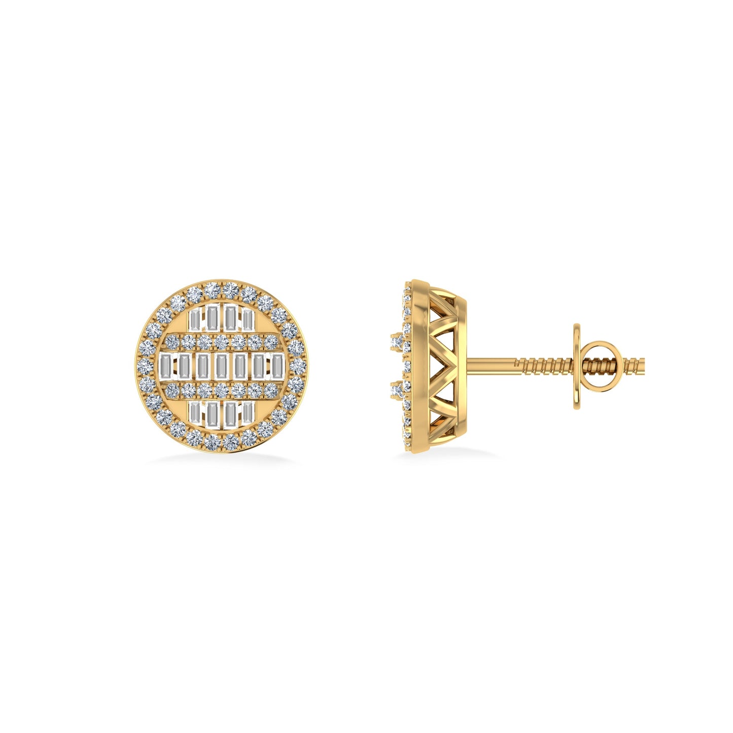 10K Yellow Gold Round Baguette Diamond Designer Mens Stud Earring 3/8 Ctw
