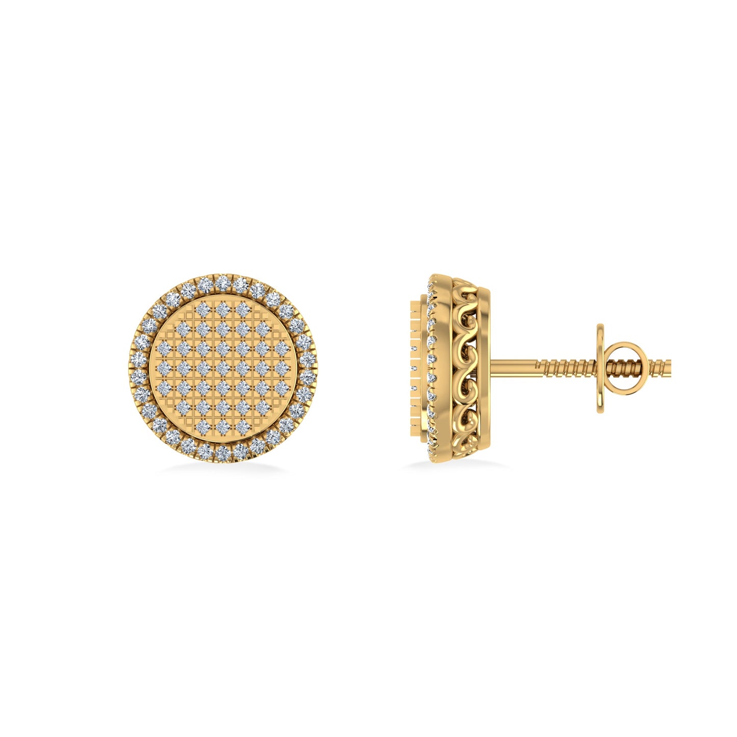 10K Yellow Gold Round Diamond Designer Halo Mens Stud Earring 1/3 Ctw