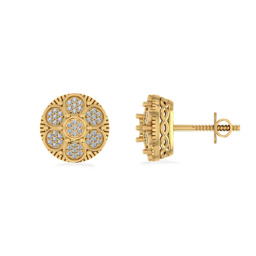10K Yellow Gold Round Diamond Flower Designer Mens Stud Earring 1/8 Ctw