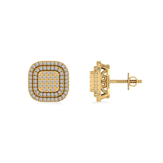 10K Yellow Gold Round Diamond Square Shape Designer Mens Halo Stud Earring 1/3 Ctw