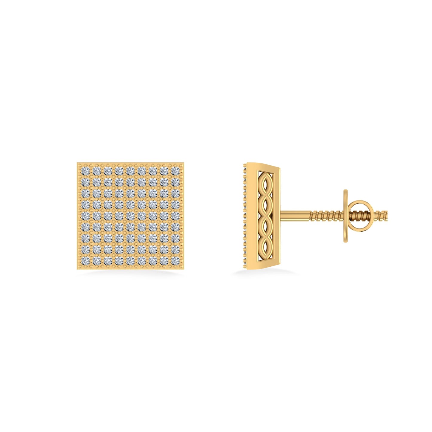 10K Yellow Gold Round Diamond Square Shape Designer Mens Stud Earring 3/8 Ctw