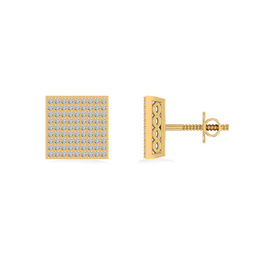 10K Yellow Gold Round Diamond Square Shape Designer Mens Stud Earring 3/8 Ctw