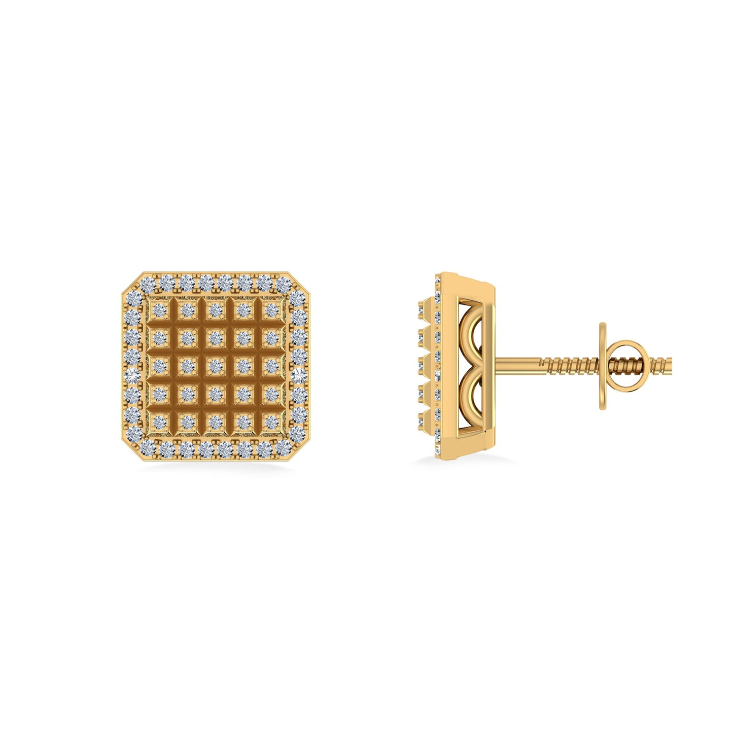 10K Yellow Gold Round Diamond Square Shape Designer Mens Stud Earring 1/5 Ctw
