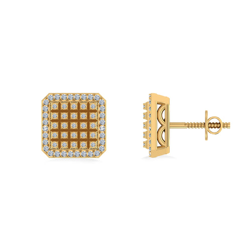 10K Yellow Gold Round Diamond Square Shape Designer Mens Stud Earring 1/5 Ctw