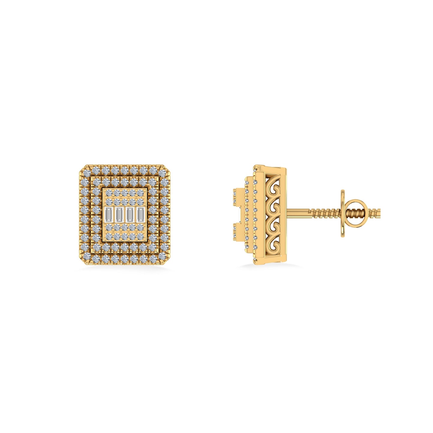 10K Yellow Gold Round Baguette Diamond Square Shape Designer Mens Stud Earring 3/8 Ctw