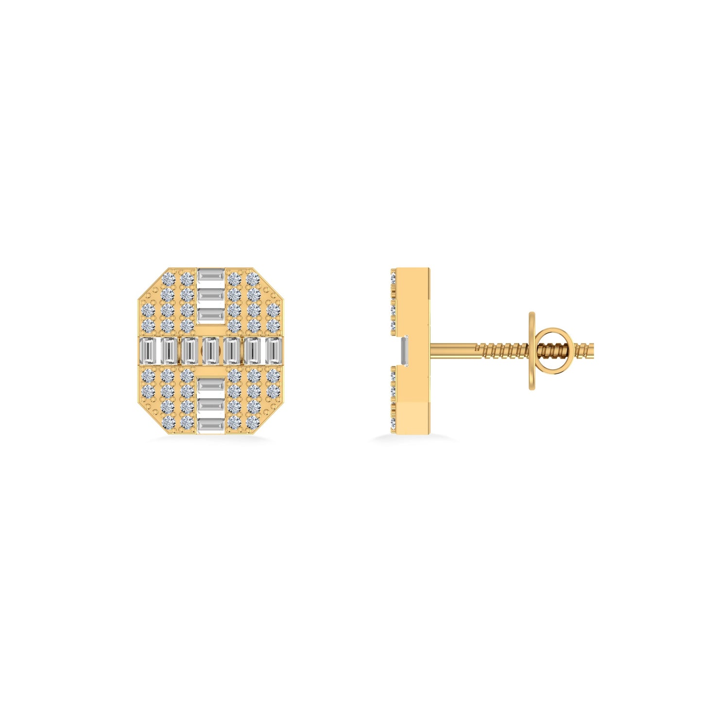 10K Yellow Gold Round Baguette Diamond Designer Mens Stud Earring 1/3 Ctw