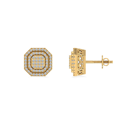 10K Yellow Gold Round Diamond Designer Halo Mens Stud Earring 1/5 Ctw