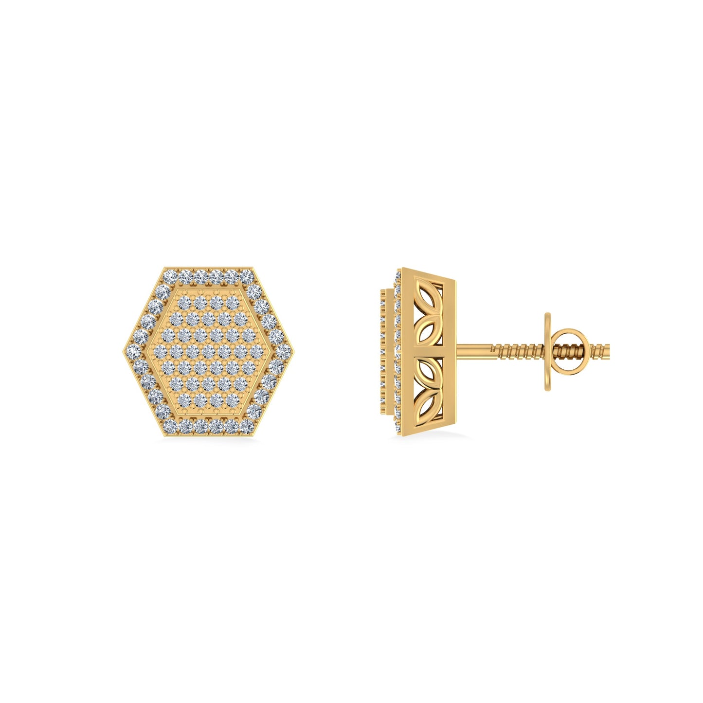 10K Yellow Gold Round Diamond Octagon Shape Designer Mens Stud Earring 1/5 Ctw