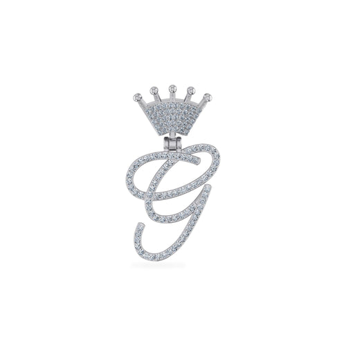 10K White Gold Round Diamond Crown G Letter Initial Pendant 1/5 Ctw