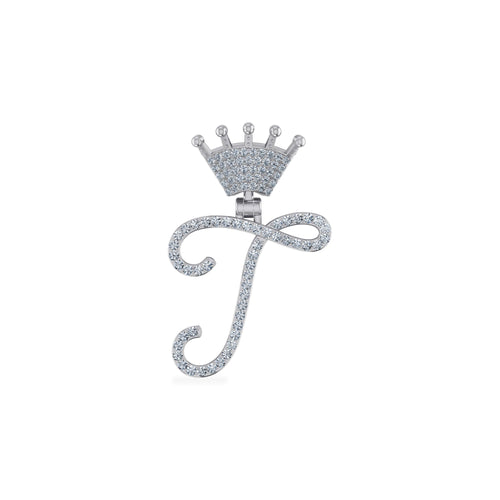 10K White Gold Round Diamond Crown T Letter Initial Pendant 1/5 Ctw