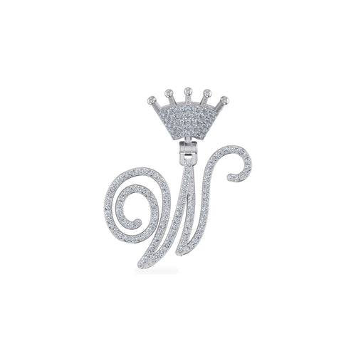 10K White Gold Round Diamond Crown W Letter Initial Pendant 1/4 Ctw