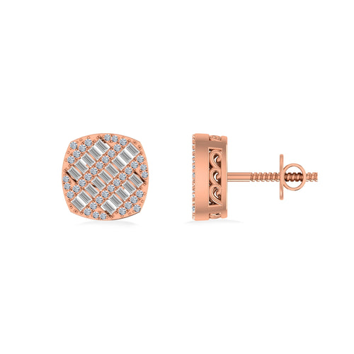 10K Rose Gold Round Baguette Diamond Square Shape Designer Mens Stud Earring 1/3 Ctw
