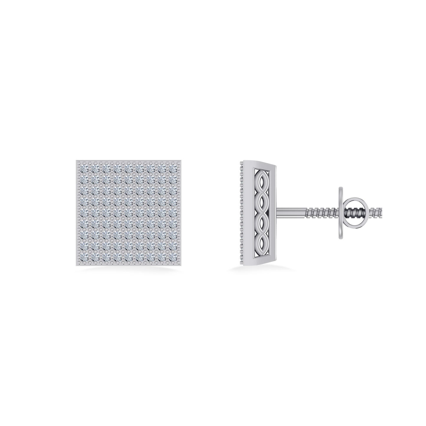 10K White Gold Round Diamond Square Shape Designer Mens Stud Earring 3/8 Ctw