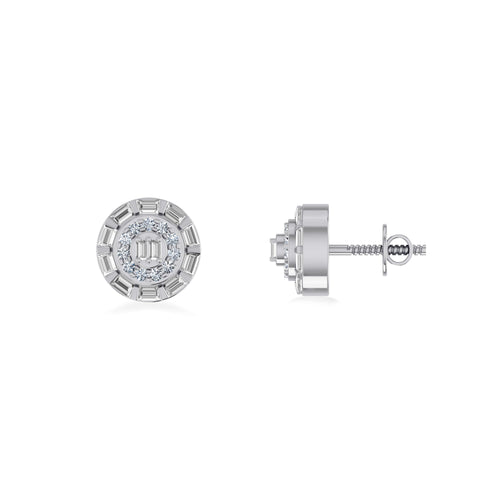 10K White Gold Round Baguette Diamond Designer Earring 1/4 Ctw