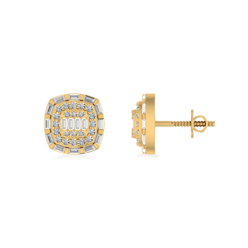 10K Yellow Gold Round Baguette Diamond Square Designer Earring 3/4 Ctw