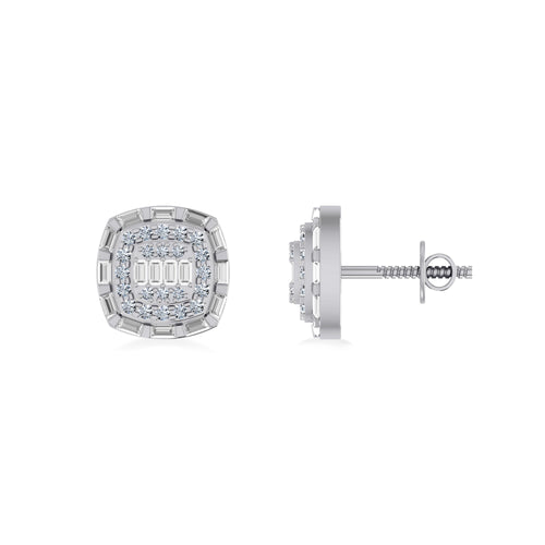10K White Gold Round Baguette Diamond Square Designer Earring 3/4 Ctw