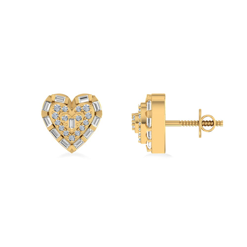 10K Yellow Gold Round Baguette Diamond Heart Designer Earring 1/4 Ctw