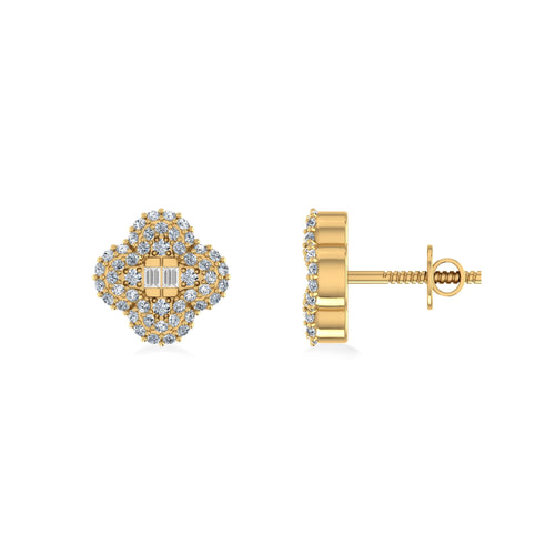 10K Yellow Gold Round Baguette Diamond Floral Designer Earring 1/3 Ctw