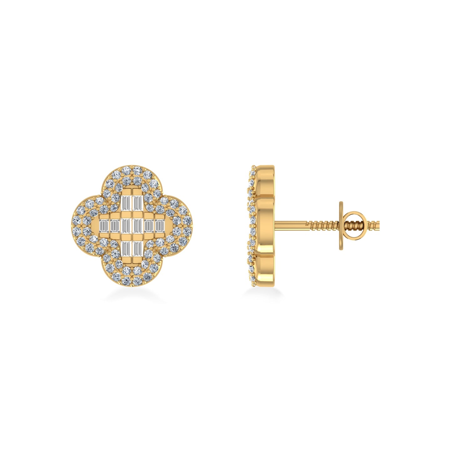 10K Yellow Gold Round Baguette Diamond Halo Floral Designer Earring 1/2 Ctw