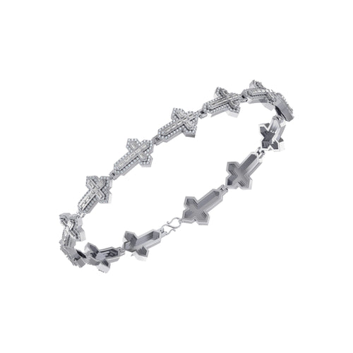 10K White Gold Round Baguette Diamond Cross Religious 8 Inch Bracelet 2 Ctw