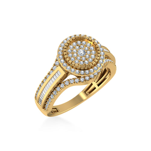10K Yellow Gold Round Baguette Diamond Halo Size 7 Designer Ladies Ring 7/8 Ctw