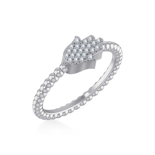 10K White Gold Round Diamond Hamza Hand Size 7 Designer Ladies Ring 1/8 Ctw