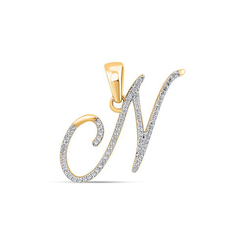 10K Yellow Gold Round Diamond N Letter Initial Pendant 1/8 Ctw