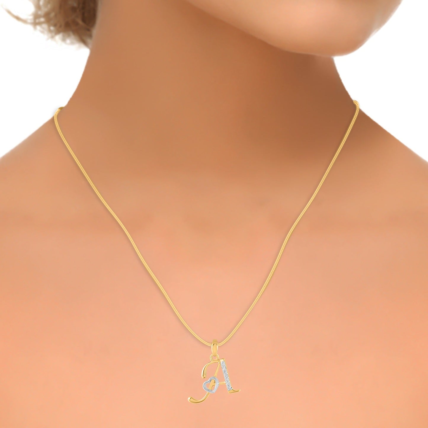 10K Yellow Gold Round Diamond A Letter Initial With Heart Pendant 1/10 Ctw