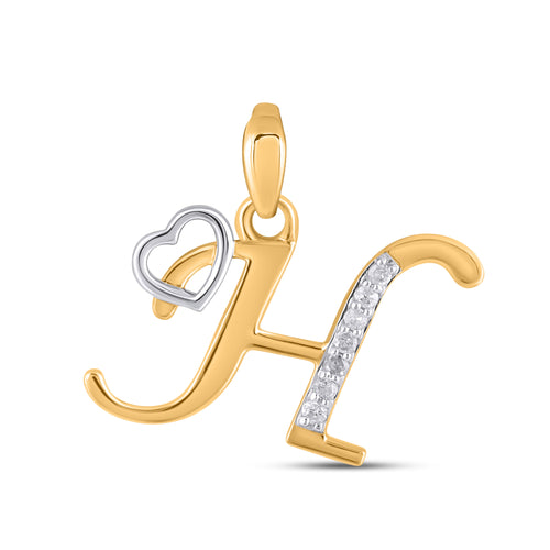 10K Yellow Gold Round Diamond H Letter Initial With Heart Pendant 1/10 Ctw