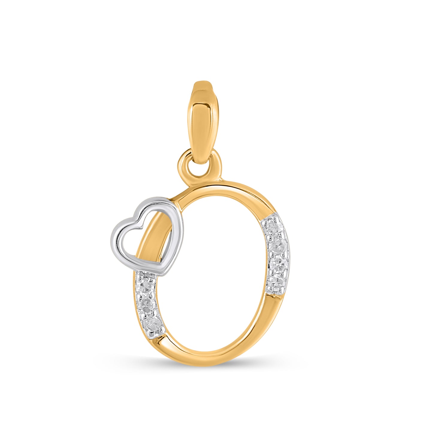 10K Yellow Gold Round Diamond O Letter Initial With Heart Pendant 1/10 Ctw