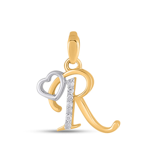 10K Yellow Gold Round Diamond R Letter Initial With Heart Pendant 1/10 Ctw