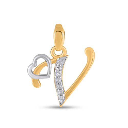 10K Yellow Gold Round Diamond V Letter Initial With Heart Pendant 1/10 Ctw