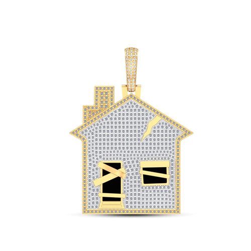 10K Yellow Gold Round Diamond House Designer Pendant 1-3/4 Ctw