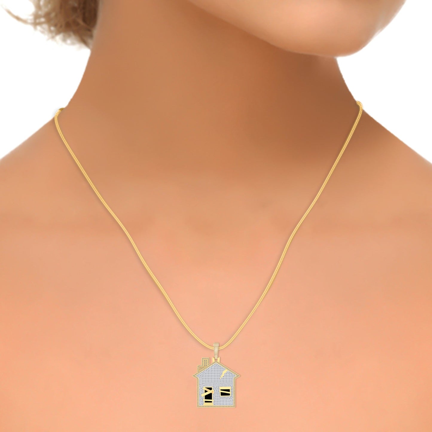 10K Yellow Gold Round Diamond House Designer Pendant 1-3/4 Ctw
