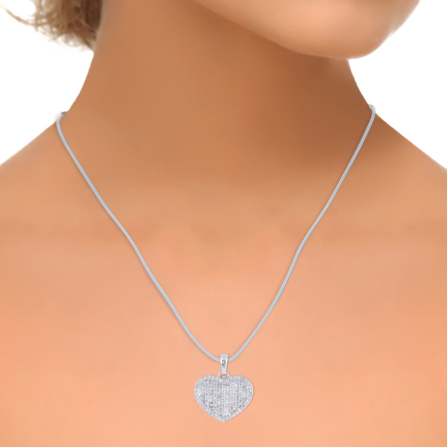 10K White Gold Round Baguette Diamond Heart Pendant 1/2 Ctw