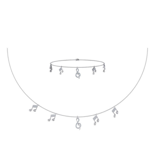 14K White Gold Music Note Necklace Bracelet Set 1/3 Ctw