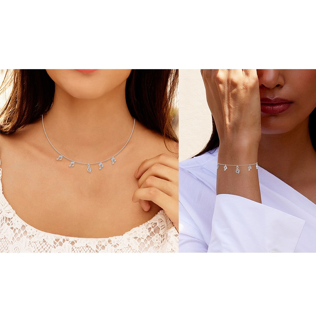 14K White Gold Music Note Necklace Bracelet Set 1/3 Ctw