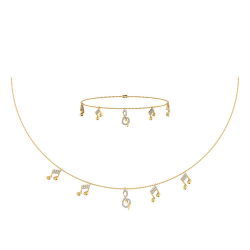14K Yellow Gold Music Note Necklace Bracelet Set 1/3 Ctw