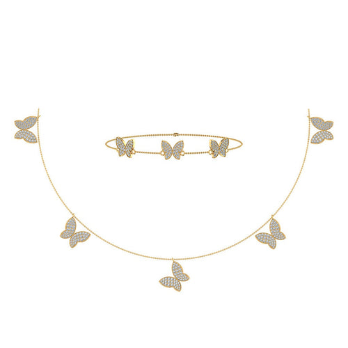 14K Yellow Gold Butterfly Necklace Bracelet Set 1-7/8 Ctw