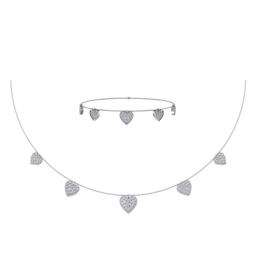 14K White Gold Heart Necklace Bracelet Set 1-3/4 Ctw